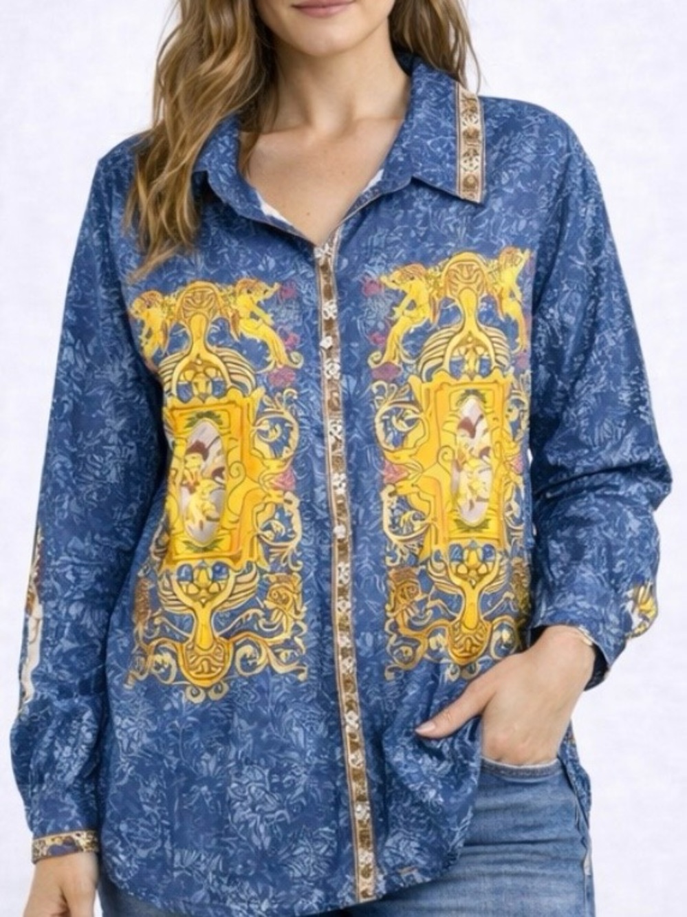 Women’s Plus Size Graphic Button Front Top with Yellow Baroque Panels - Size 4X